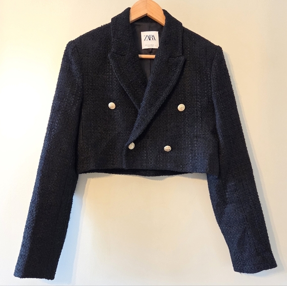 Zara Bloggers Favourite Textured Tweed Cropped Black Blazer With Gold Buttons M - Picture 5 of 12
